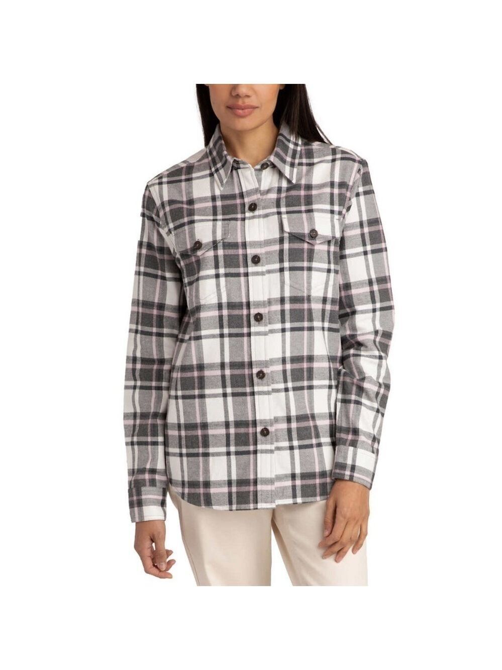 Tilley Women’s Brushed Flannel Shirt Small White Grey Pink
